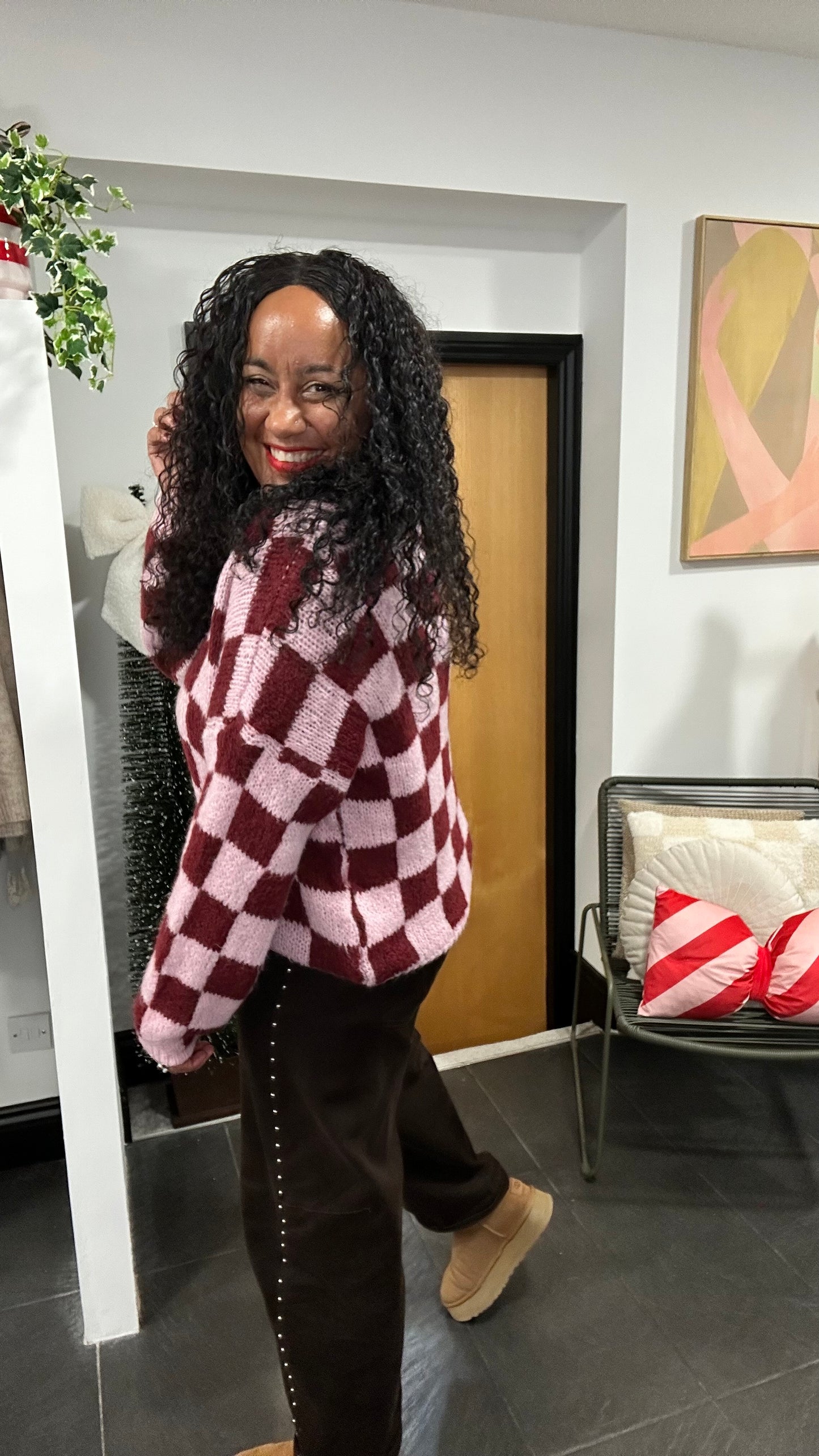 CHECKERBOARD KNIT SKY CHERRY RED & PINK *New