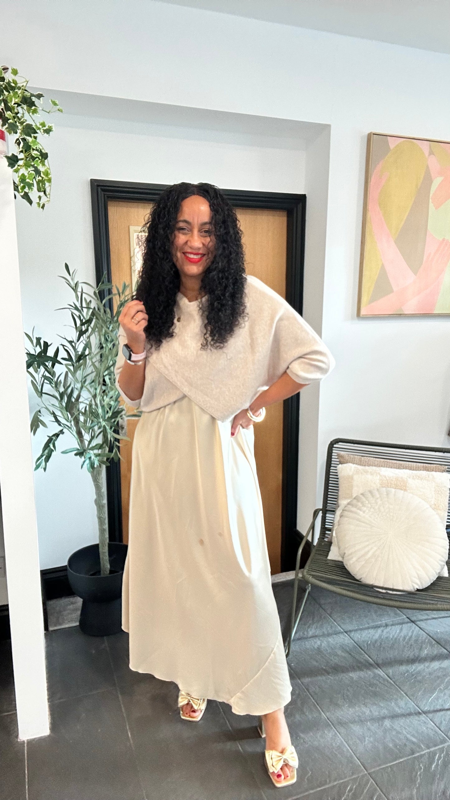 SALE MABLE OPEN KNIT AND SATIN MAXI DRESS CHAMPAGNE *New