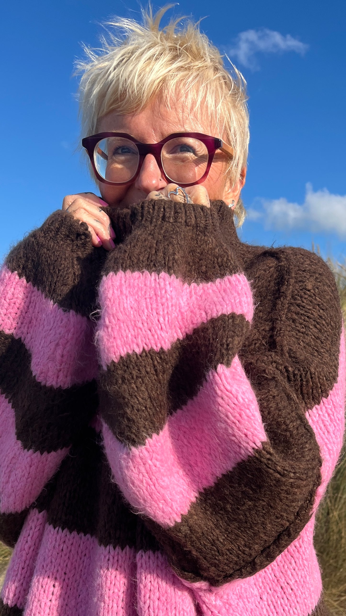 ALEX STRIPED RAW EDGE BALLOON SLEEVED JUMPER RASPBERRY TRUFFLE PINK & CHOCOLATE *New