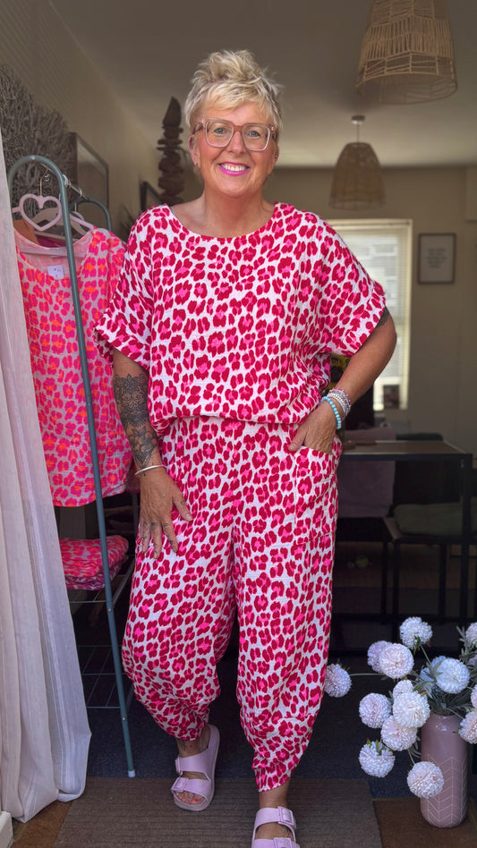 FRUITELLA LUXE LEOPARD BARREL LEG TROUSERS RED & PINK LEOPARD *New