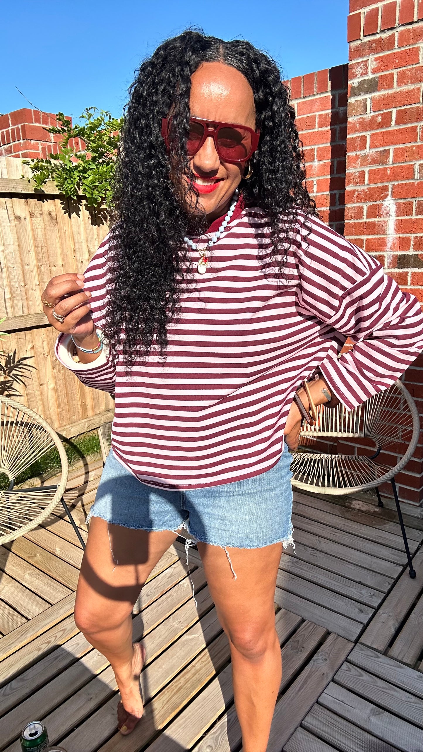 HEART LONG SLEEVED STRIPE TOP BURGUNDY & PINK CONTRAST *New