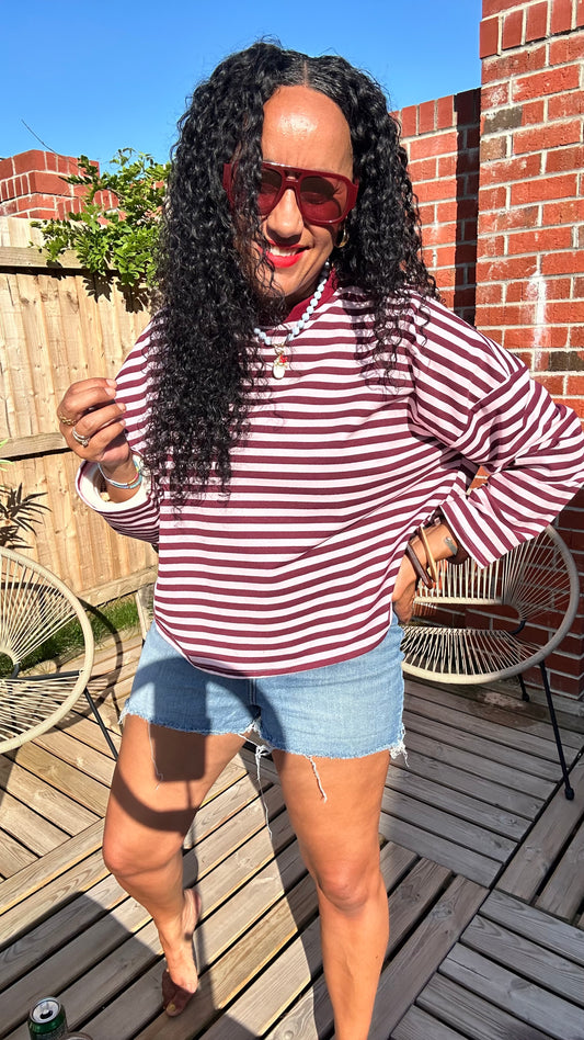 HEART LONG SLEEVED STRIPE TOP BURGUNDY & PINK CONTRAST *New