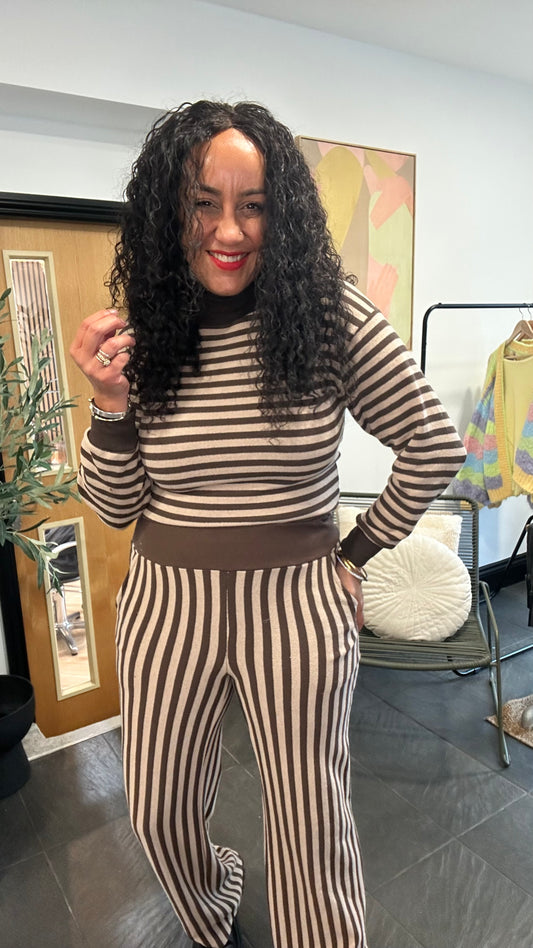 EVELYN STRIPE MOCK NECK LONG SLEEVE TOP BROWN *New