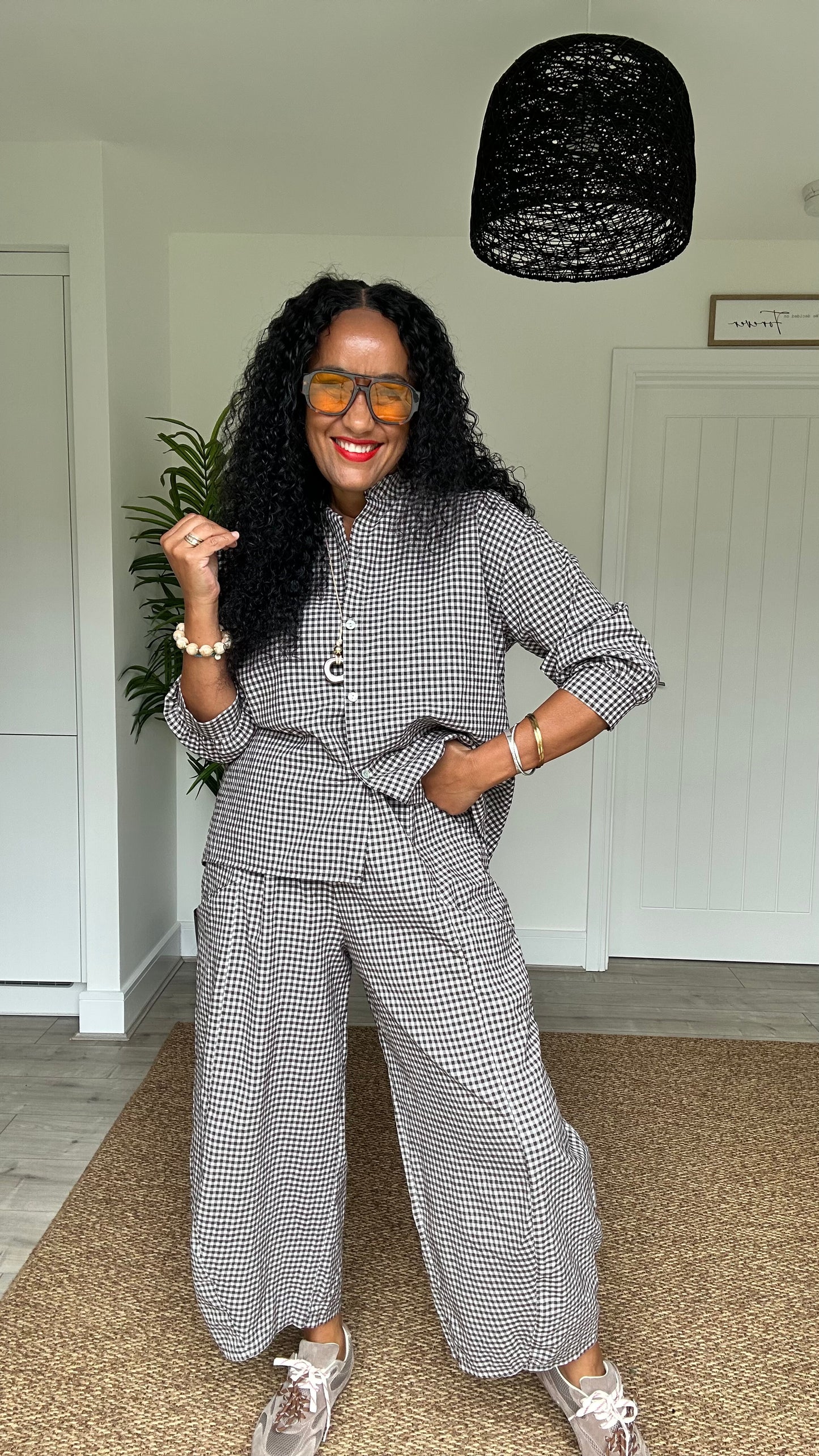 AVA GINGHAM BARREL LEG TROUSERS DEEP BROWN *New