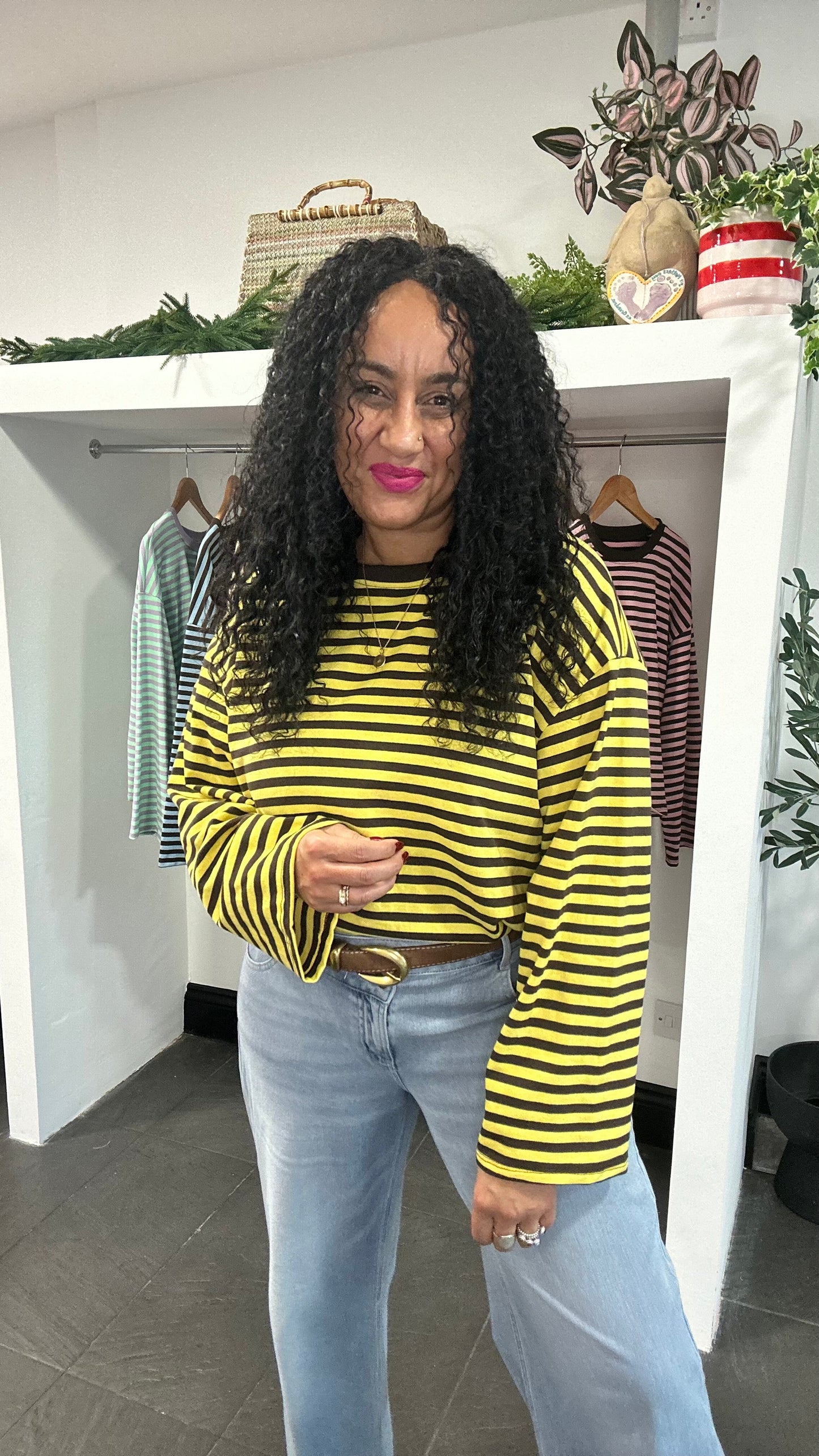 BELLE STRIPE TOP WITH WIDE SLEEVES BROWN & YELLOW *New