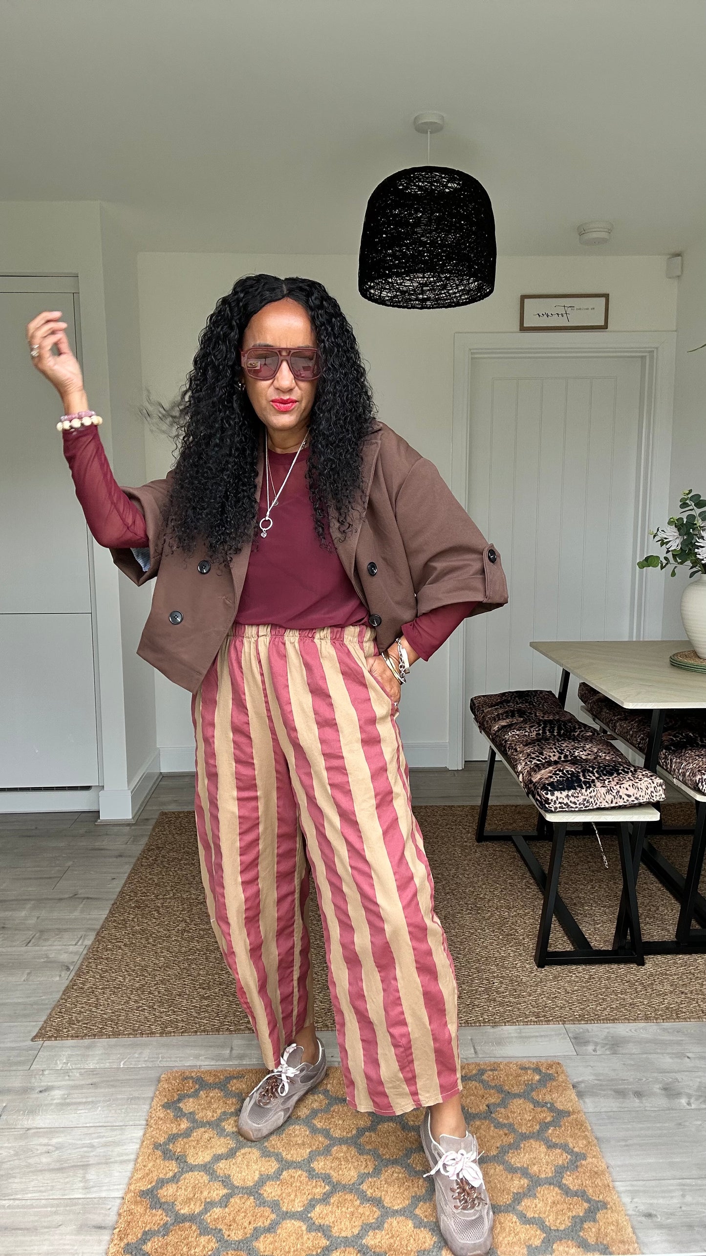 TIMMIN STRIPE BARREL LEG TROUSERS BROWN & BURGUNDY *New