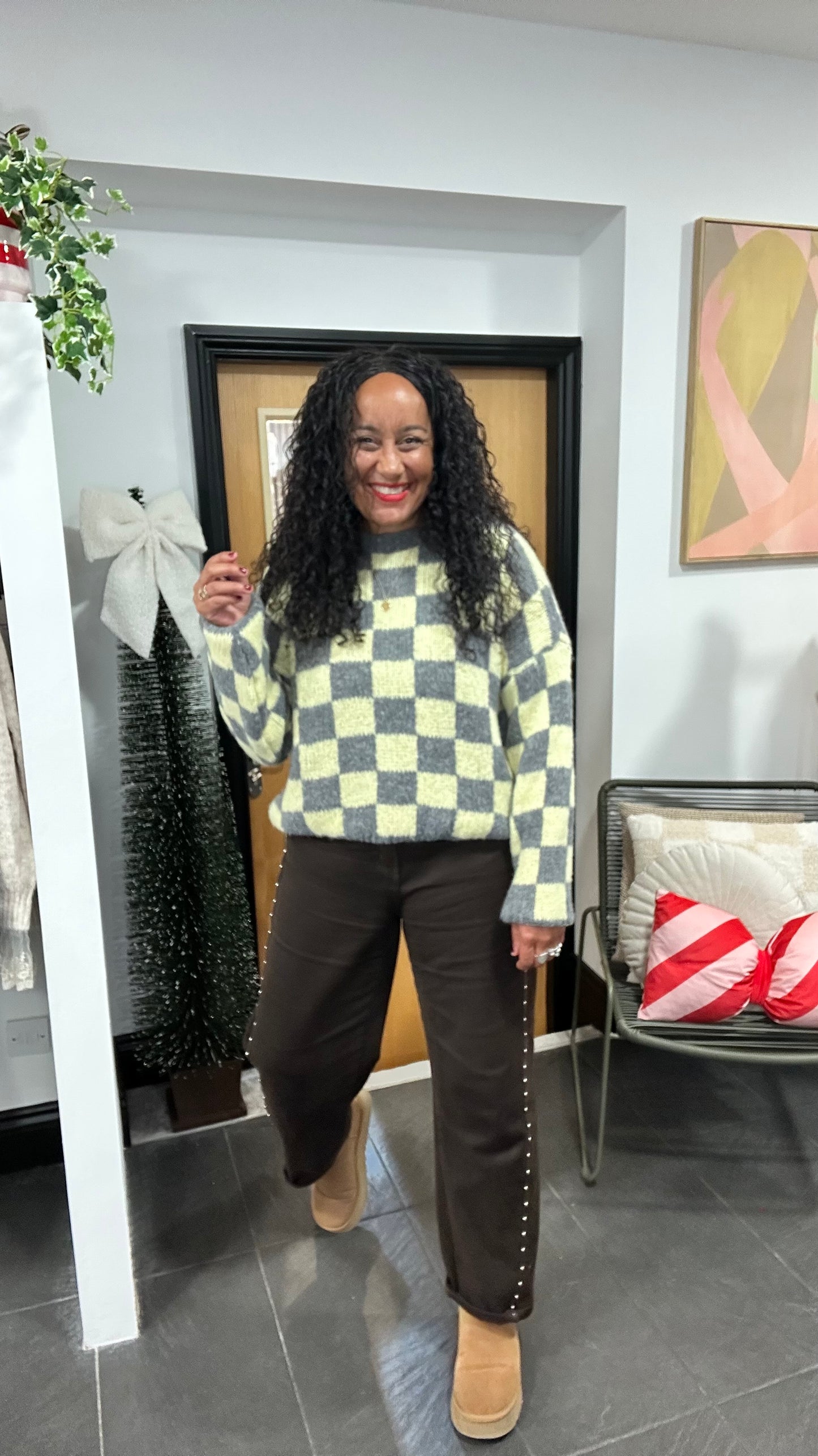 CHECKERBOARD KNIT LEMON & GREY *New