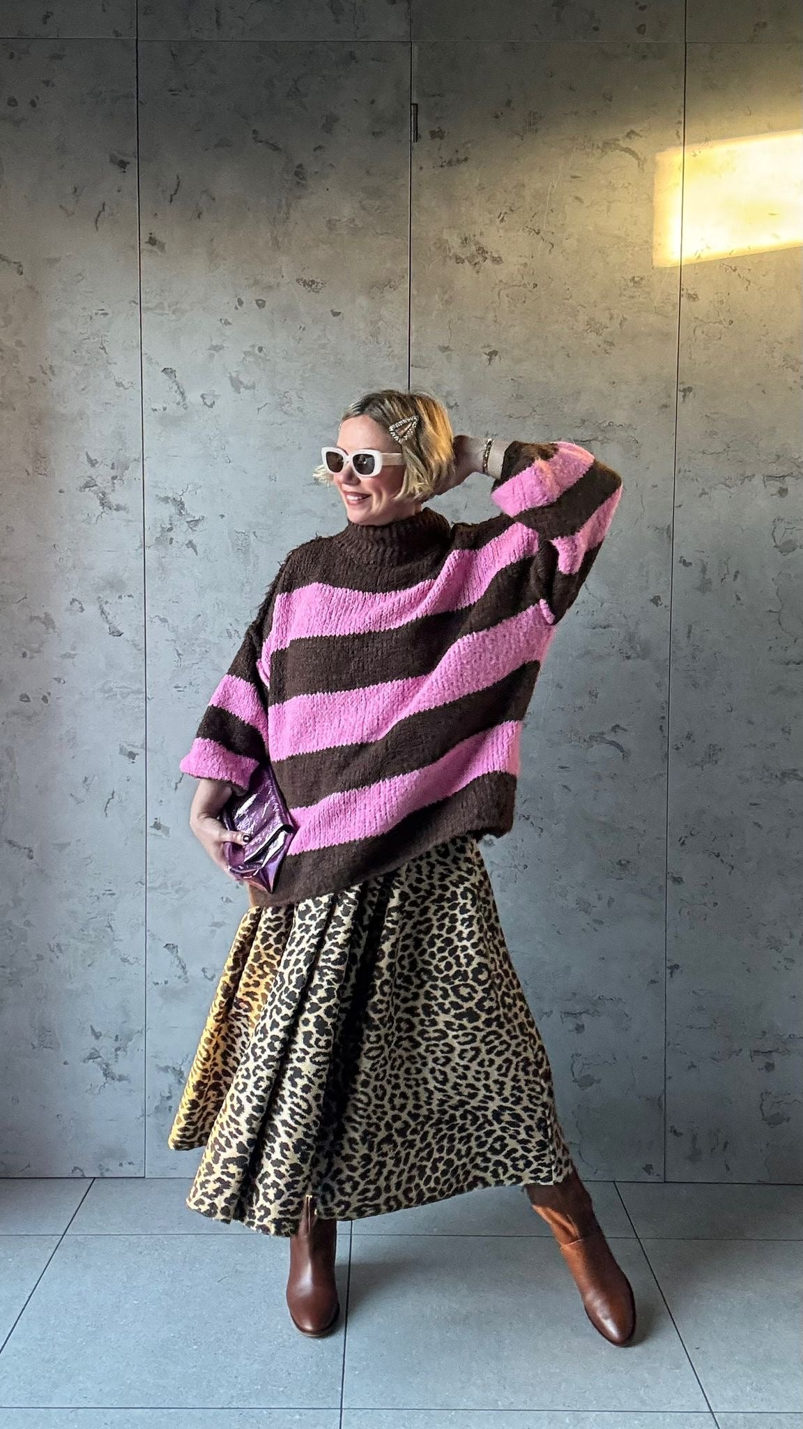 ALEX STRIPED RAW EDGE BALLOON SLEEVED JUMPER RASPBERRY TRUFFLE PINK & CHOCOLATE *New