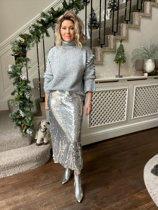 SALE SEQUIN MIDI SKIRT - SILVER