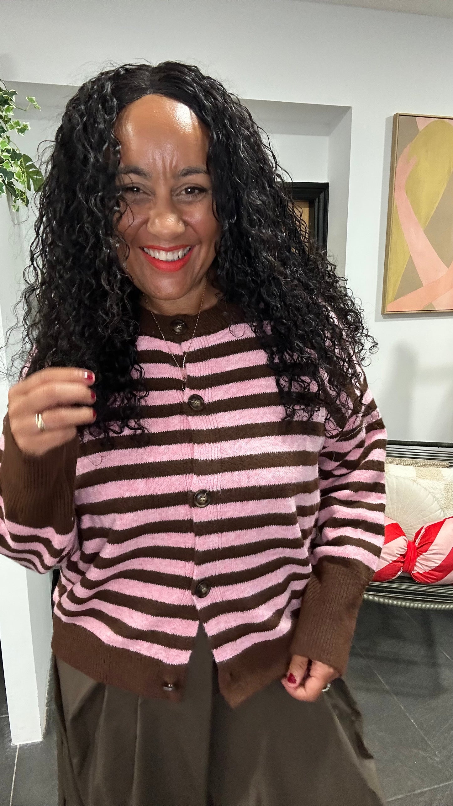 OWEN STRIPED CARDIGAN PINK & BROWN *New