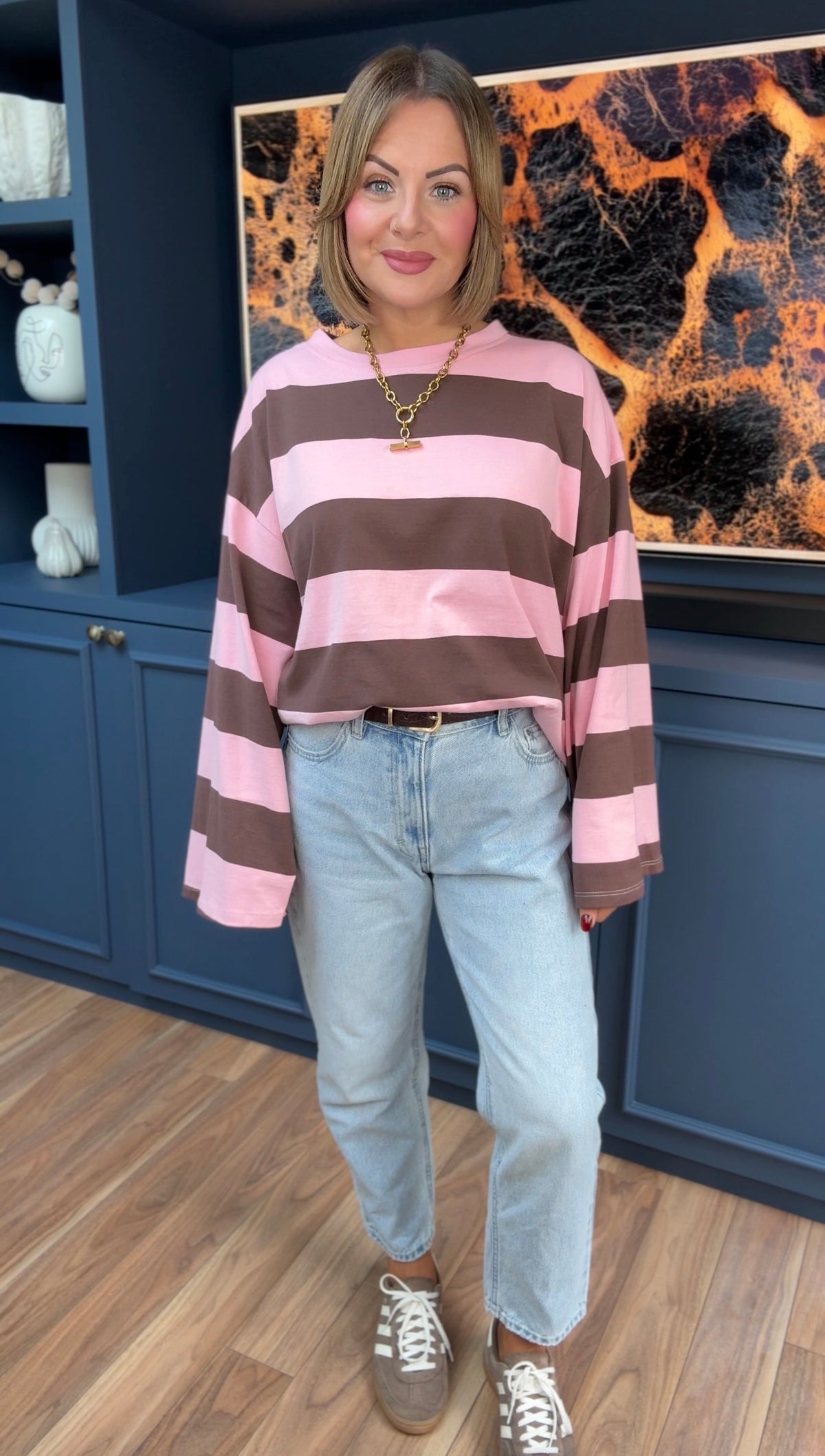 JERVIS WIDE STRIPE COTTON TOP PINK & BROWN *New