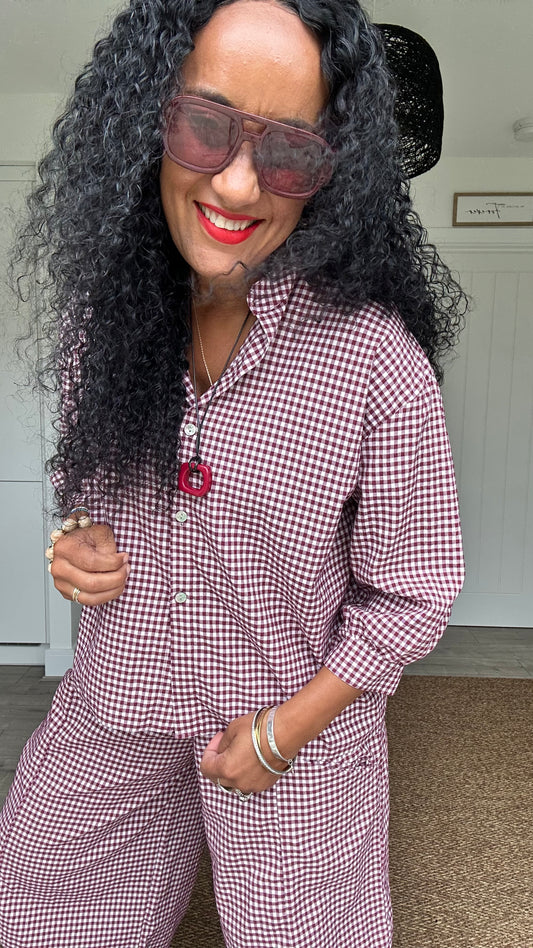 AVA GINGHAM BLOUSE DEEP BURGUNDY *New