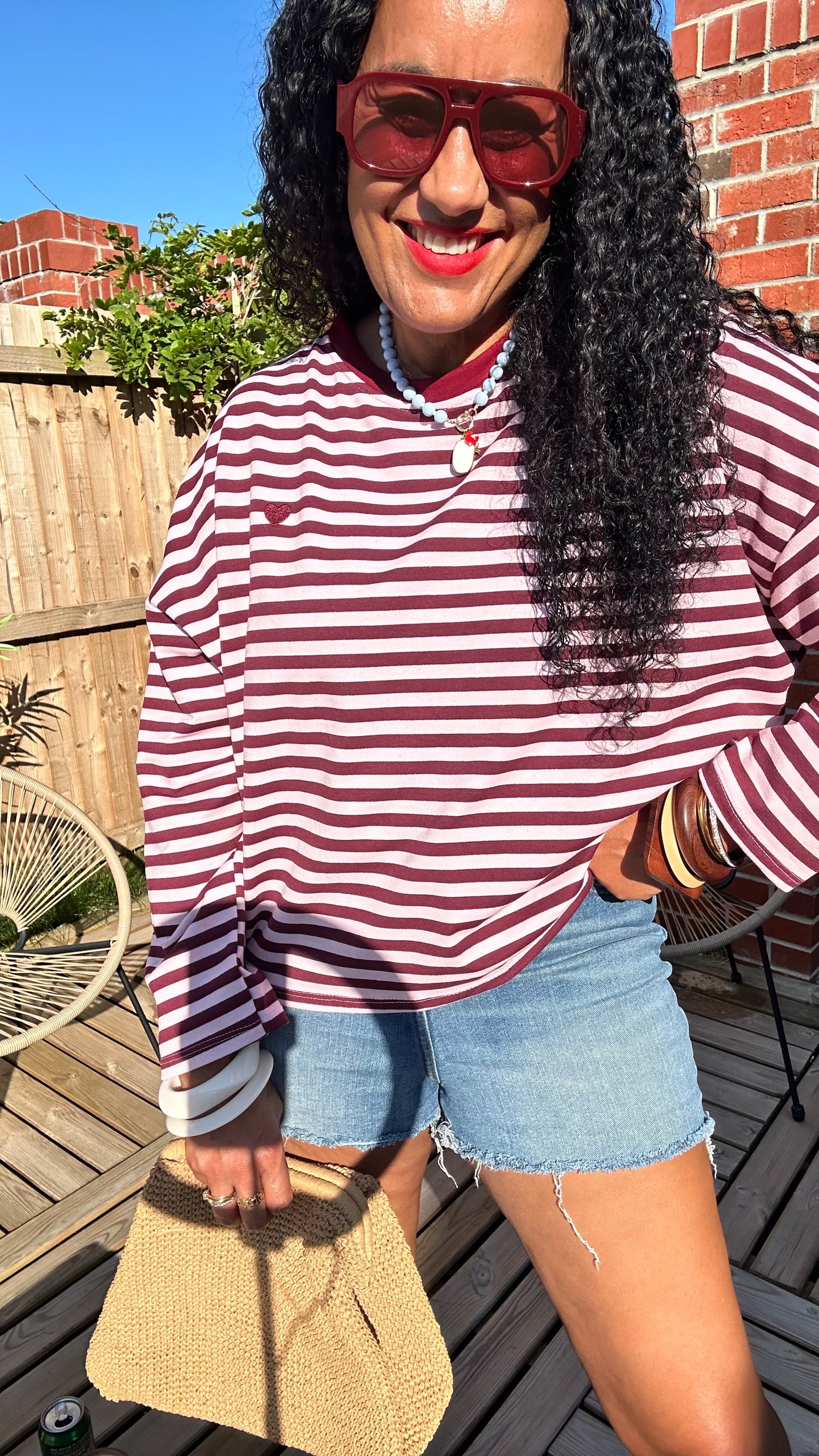 HEART LONG SLEEVED STRIPE TOP BURGUNDY & PINK CONTRAST *New