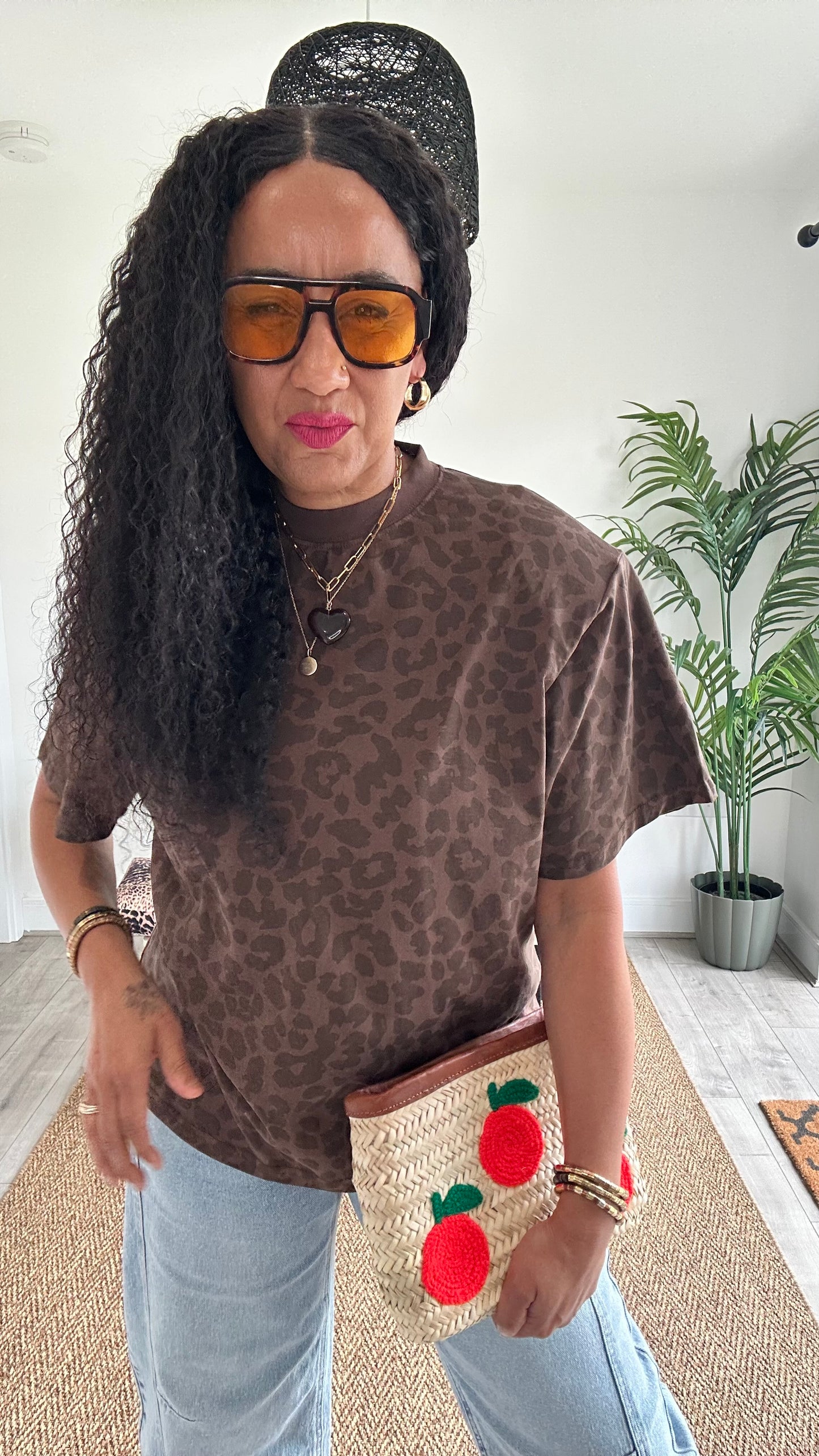 JOYNA LEOPARD SHOULDER PAD T-SHIRT DEEP BROWN *New