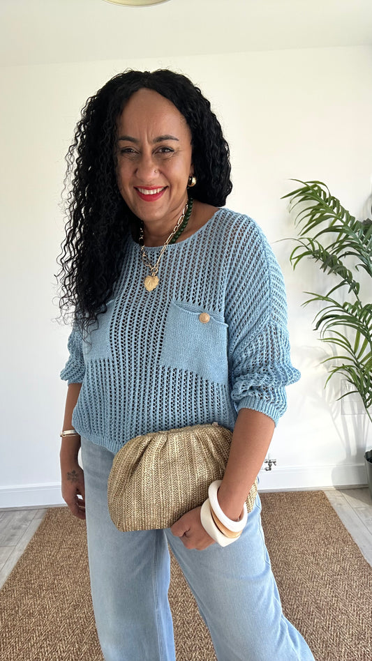 LUREX FISHERMAN CROCHET POCKET KNIT POWDER BLUE *New