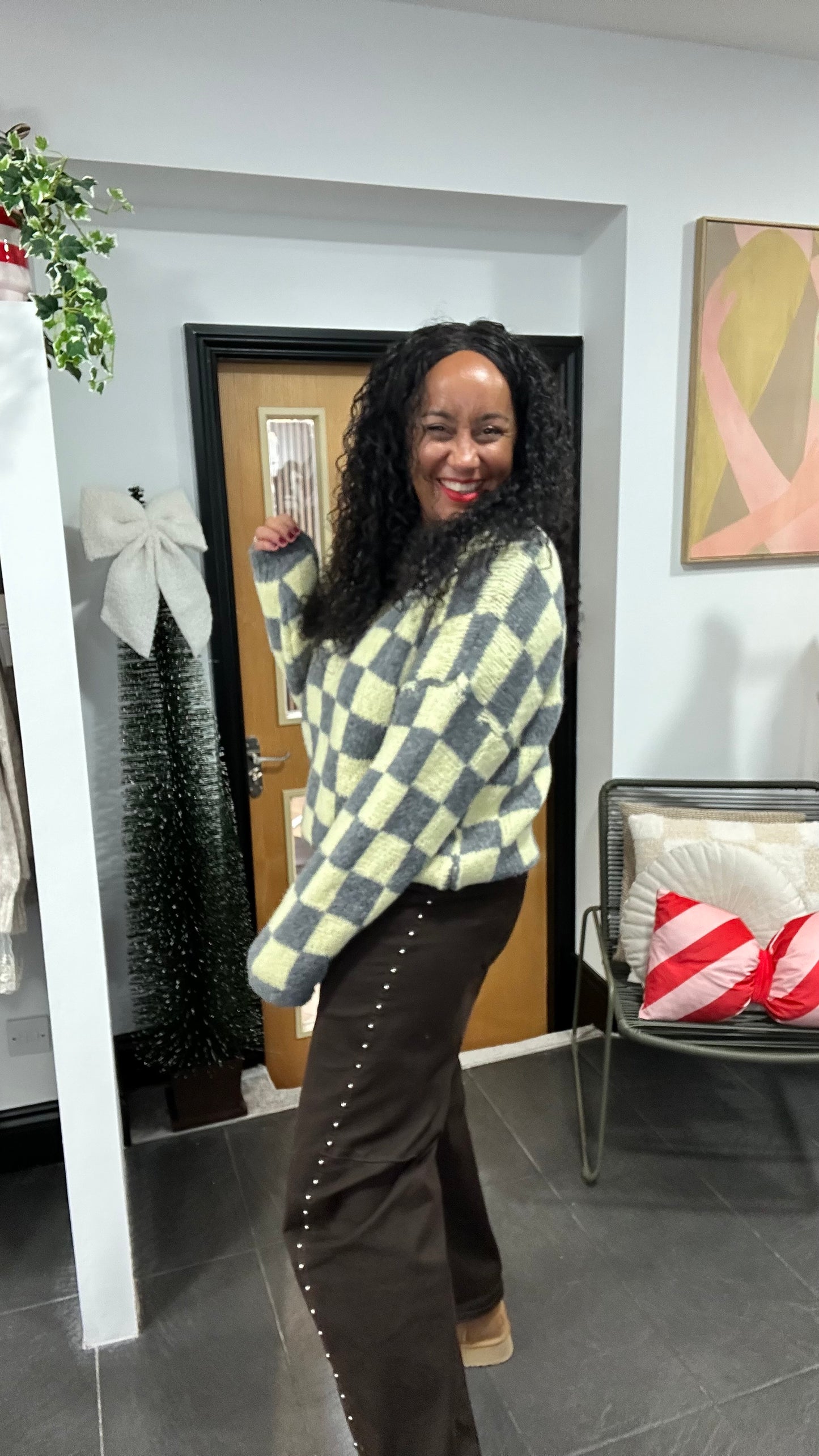 CHECKERBOARD KNIT LEMON & GREY *New