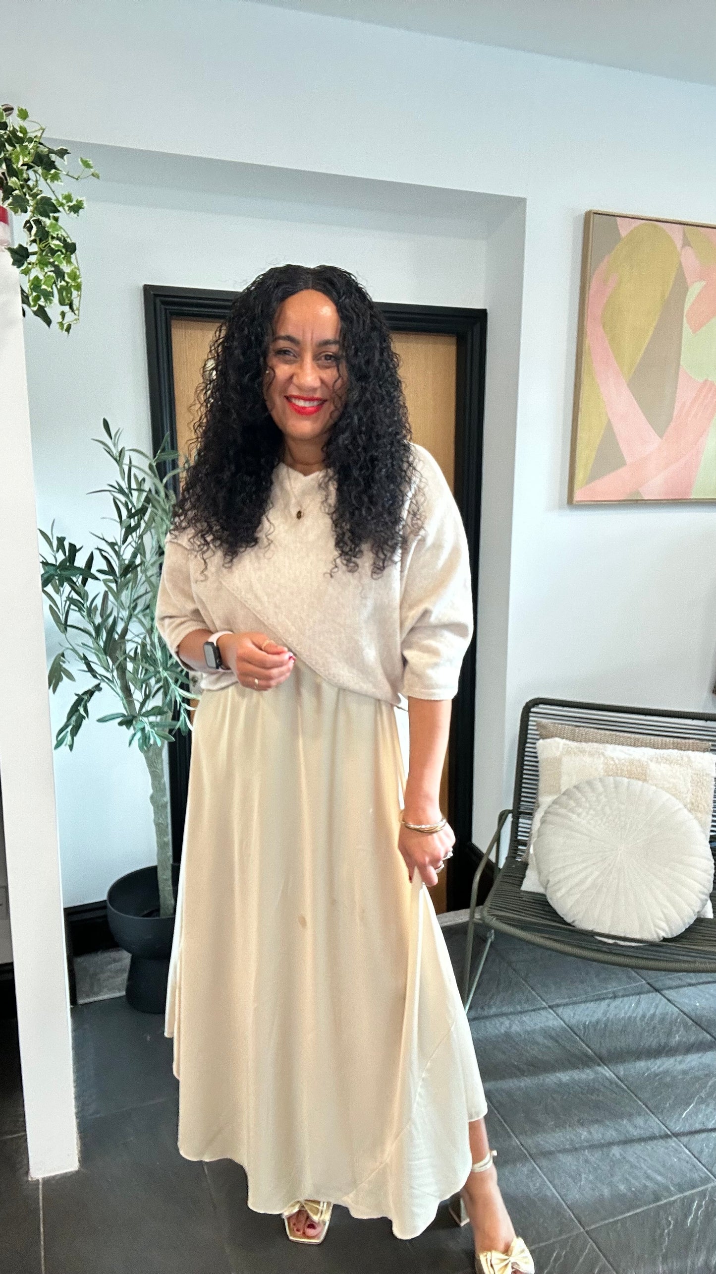 SALE MABLE OPEN KNIT AND SATIN MAXI DRESS CHAMPAGNE *New