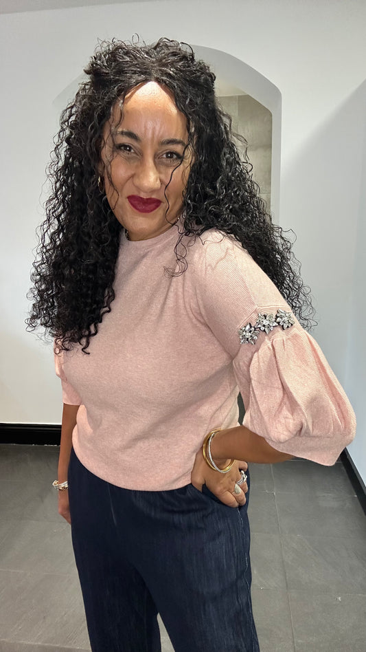 SALE LORNA EMBELLISHED SLEEVED TOP SOFT BLUSH PINK  *New