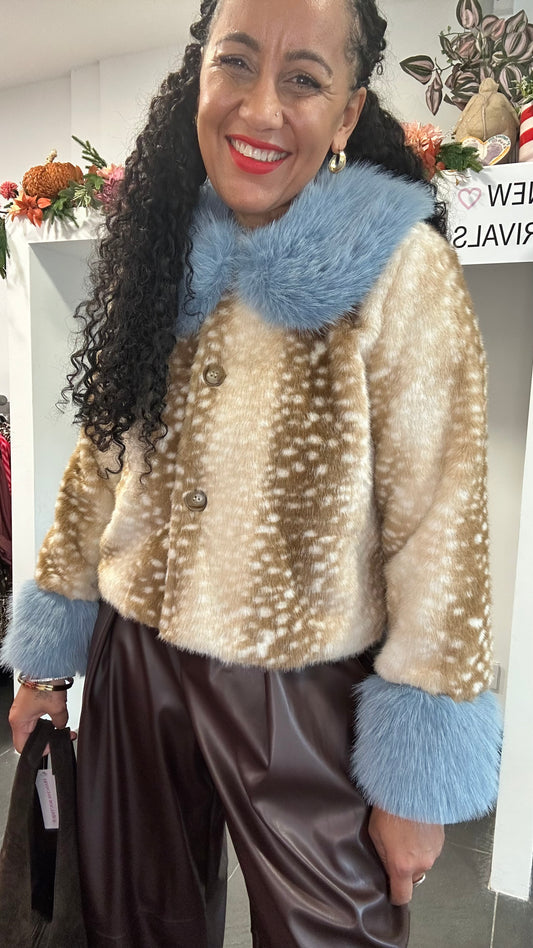 FIFI FAWN PRINT FAUX FUR JACKET BLUE *New