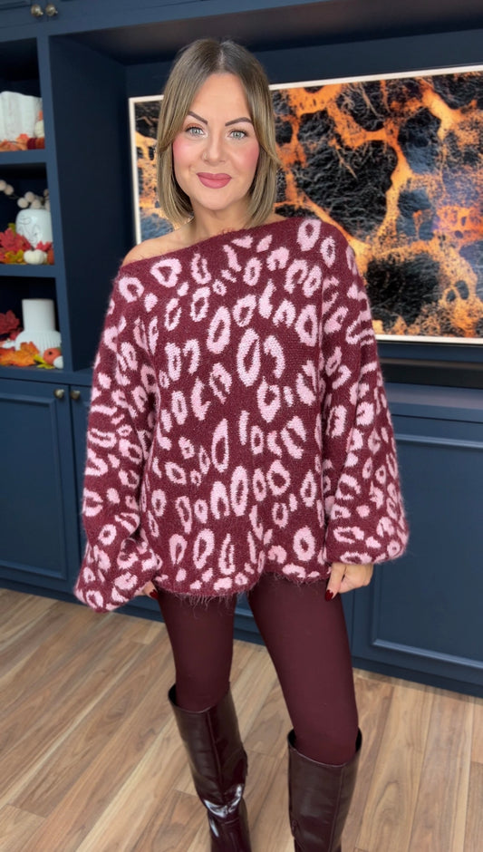 NATALIE LEOPARD SLOUCH KNIT MULBERRY *New