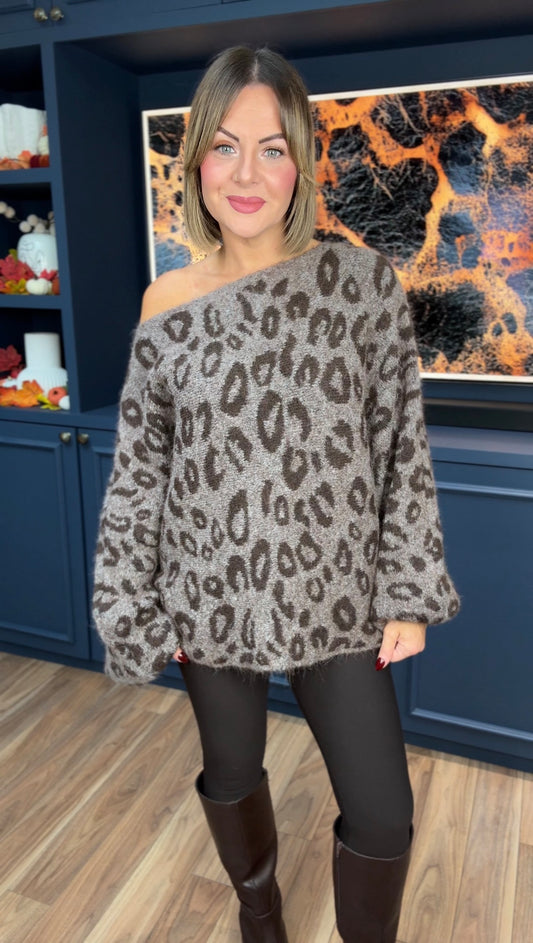 NATALIE LEOPARD SLOUCH KNIT MOCHA *New