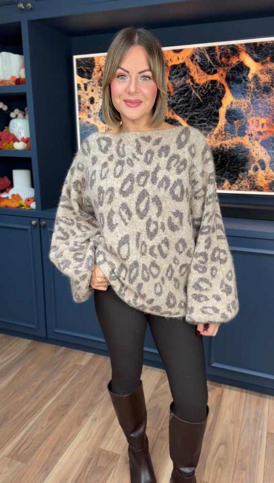 NATALIE LEOPARD SLOUCH KNIT BEIGE *New